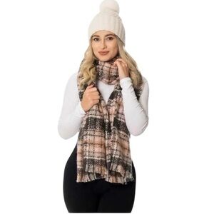 Emanuel Geraldo Hat & Blanket Scarf Set Pink Gray Multi Colored Plaid Winter NEW